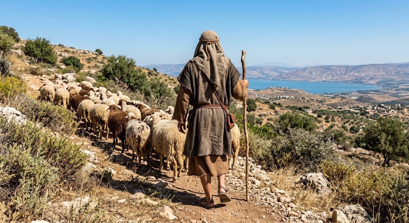 Pastor caminando de espaldas subiendo una colina verde, seguido por un rebaño de ovejas